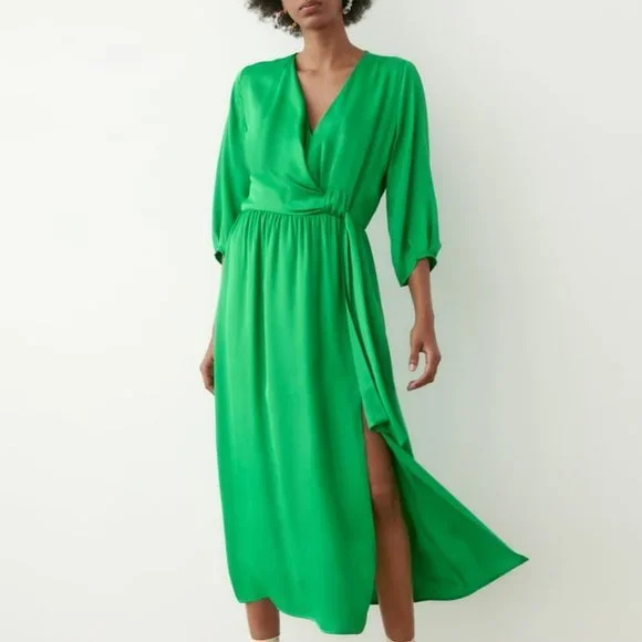Zara | Dresses | New Zara Knotted Satin Effect Dress Green